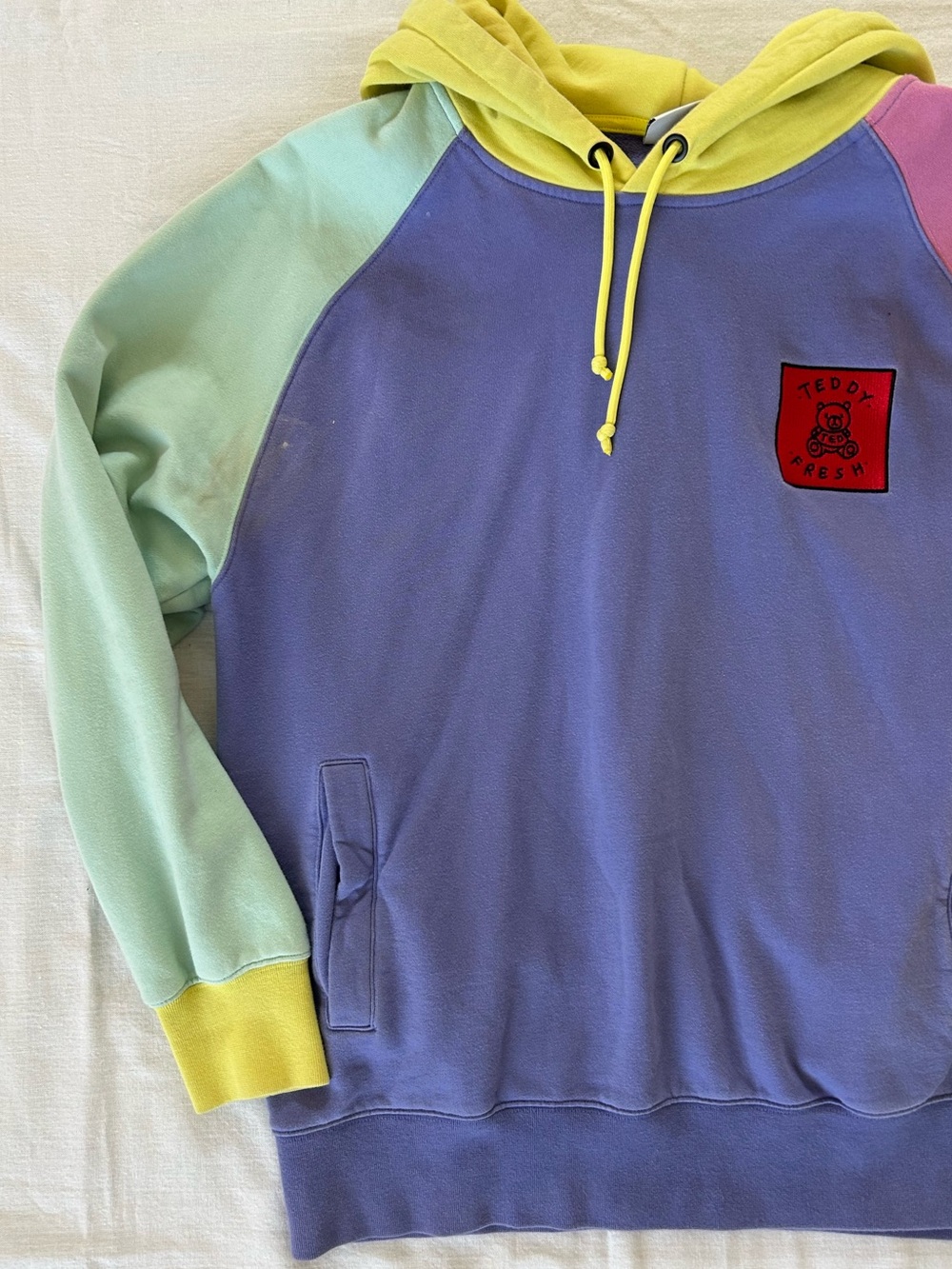 Teddy Fresh | Unisex XL Drawstring Hoodie Colorblock Colorful Pastels Purple - Picture 3 of 11